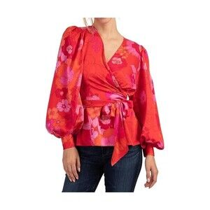 New Trina Turk Aquatic Faux-Wrap Bishop-Sleeve Top Blouse Red Floral Medium